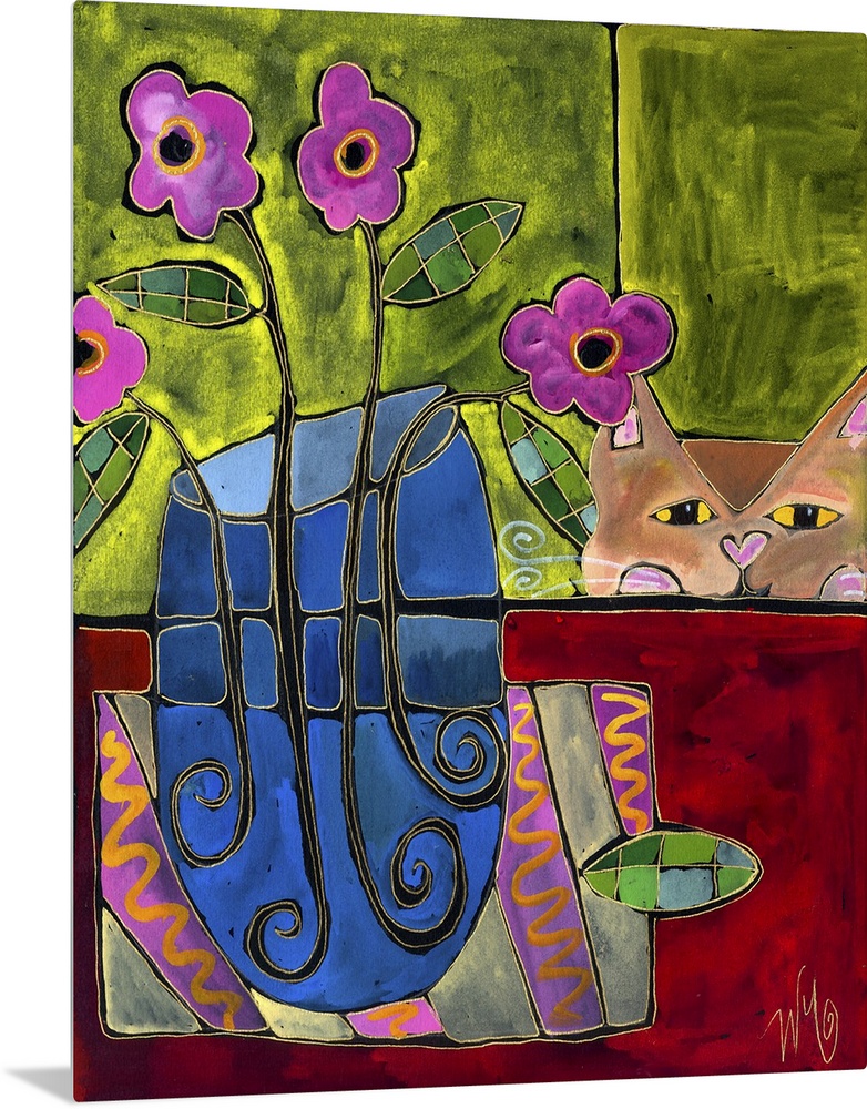 A cat looking at a blue vase of flowers on a table.