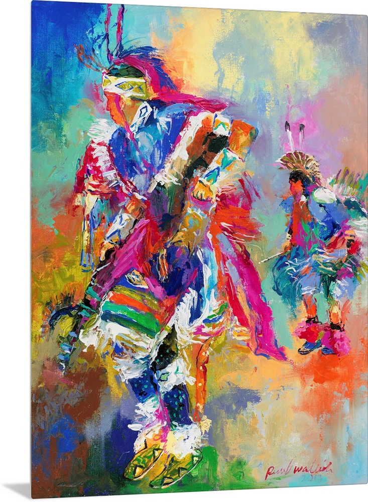 Colorful abstract painting of two Native American chiefs dancing at a pow wow.