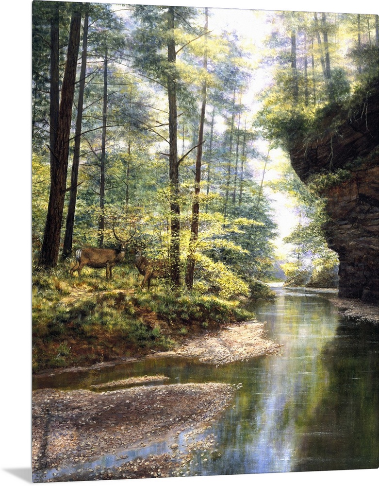 Contemporary painting of a stream running through a forest.