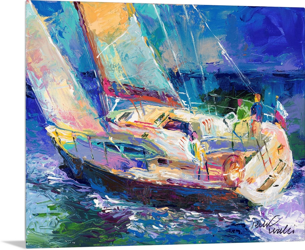 Colorful abstract painting of a sailboat in the ocean.