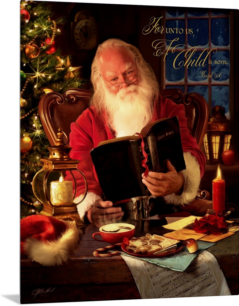 A warm and traditional portrait of Father Christmas sitting at a desk and reading from a bible, with the verse 'For Unto U...