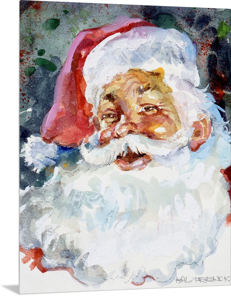 The face of Santa is painted largely with an abstract background behind him.