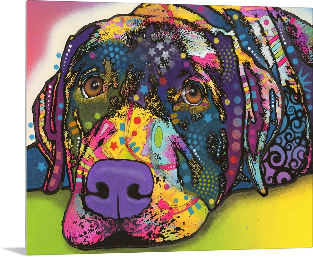 Colorful painting of a Labrador with graffiti-like designs all over.