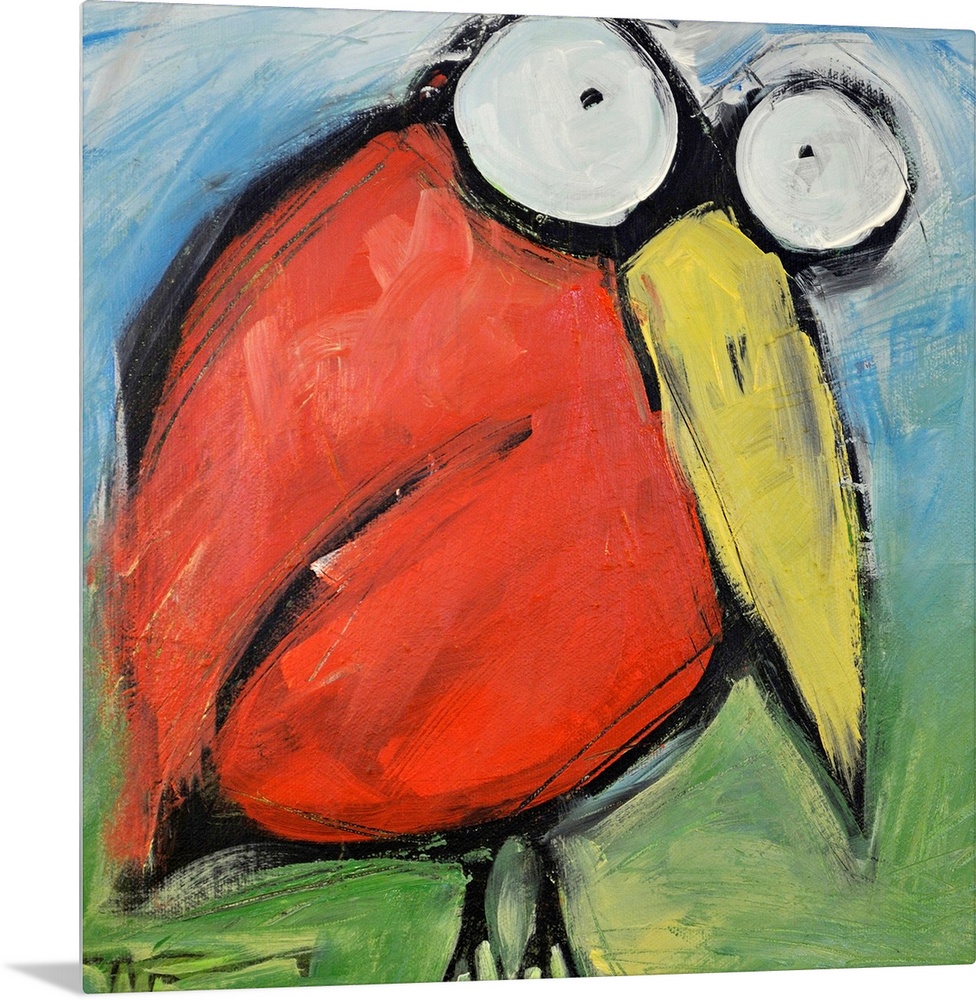 An energetic and delightfully goofy painting of a cartoonish red bird with bugging eyes on square shaped wall art.