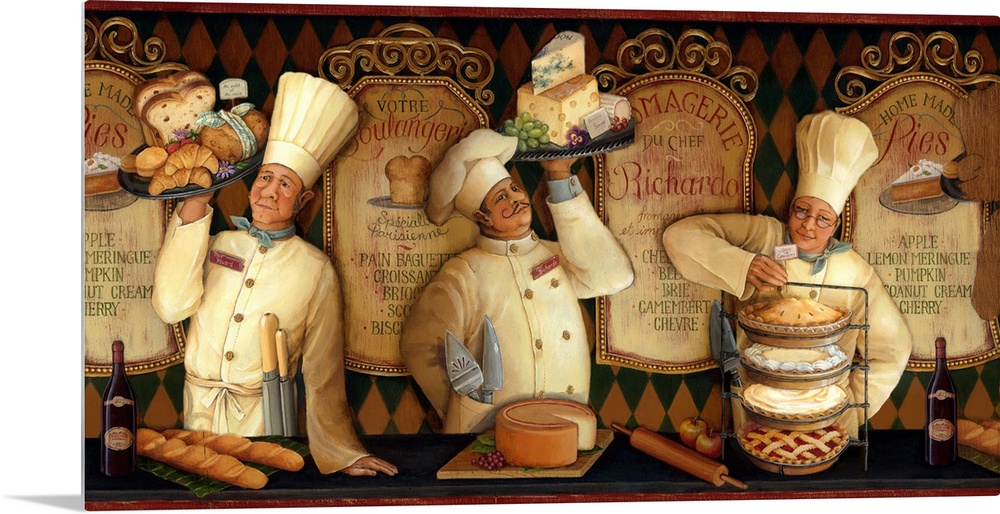 Big, landscape home art docor of three chefs standing at a counter, one holding cheese, one holding bread, the third holdi...