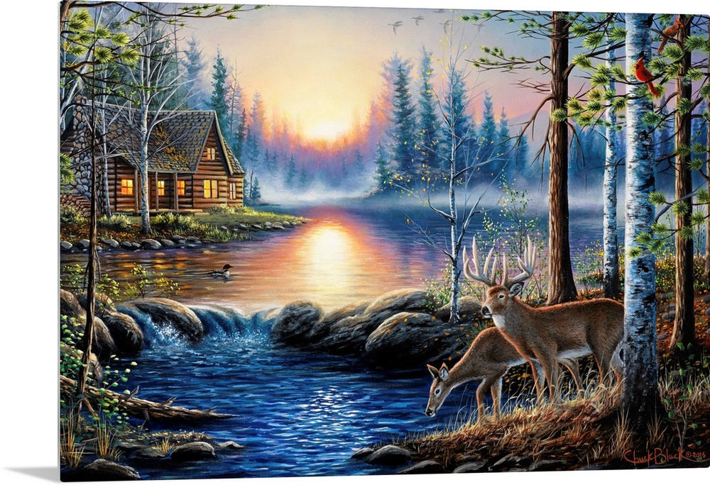Contemporary landscape painting of two deer by a watering hole with a cabin in the background.