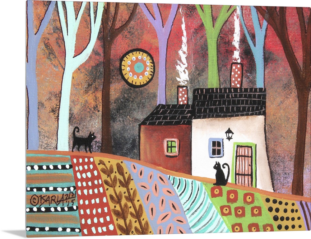 Contemporary folk-art style painting of a rolling hill landscape with houses and patchwork fields.