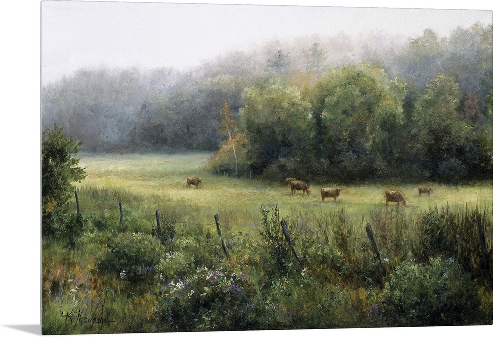 Contemporary painting of an idyllic countryside scene, cows in a pasture.