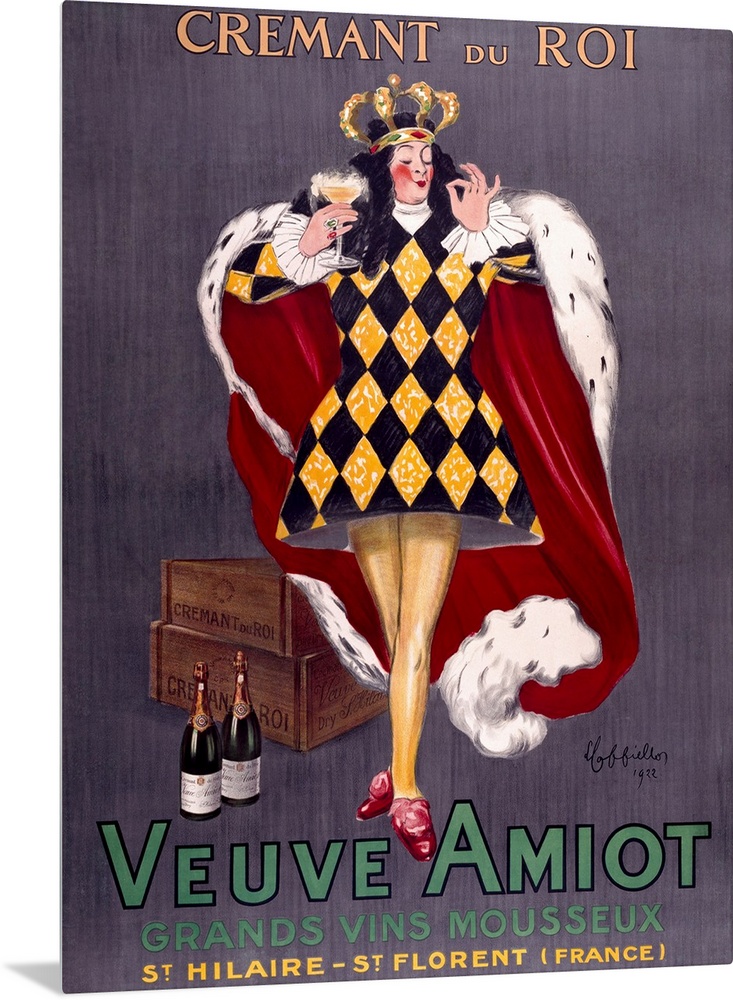 A pompous king, dressed in regalia, sips a glass of Veuve Amiot