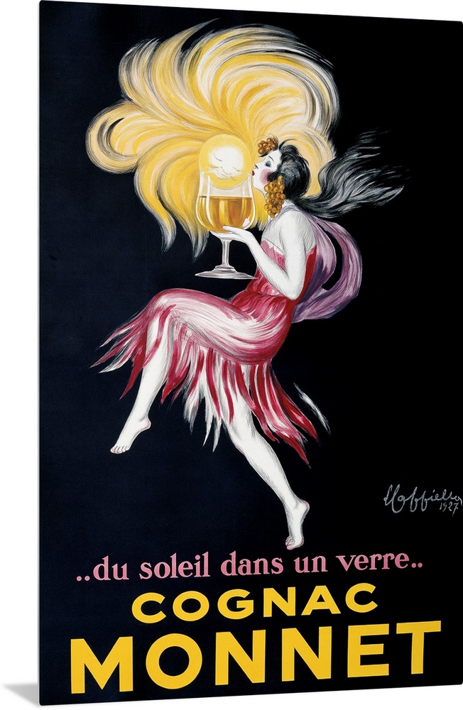A flapper holds a large glass of Monnet cognac.  A small sun seems to emerge from the glass