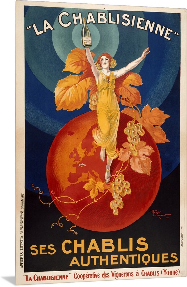 VINTAGE POSTERwoman standing on orange globe with grapes on vine holding up  bottleLA CHABLISIENNE SES CHABLIS AUTHENTIQUES