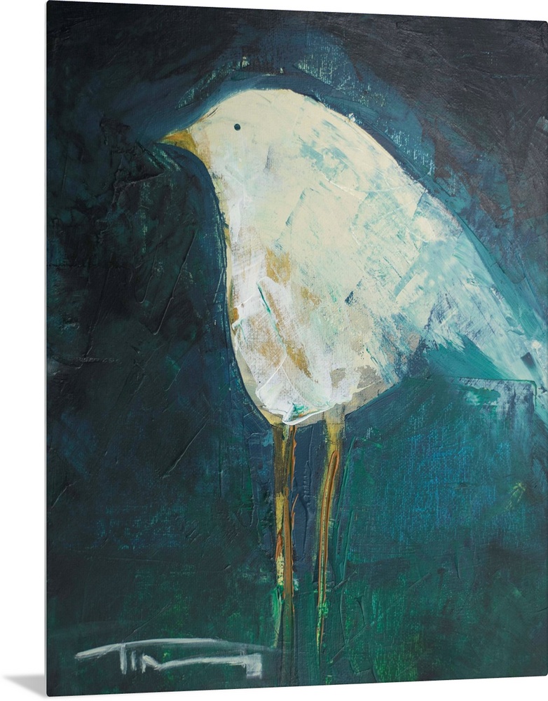 Contemporary painting of a little white bird on a dark background.