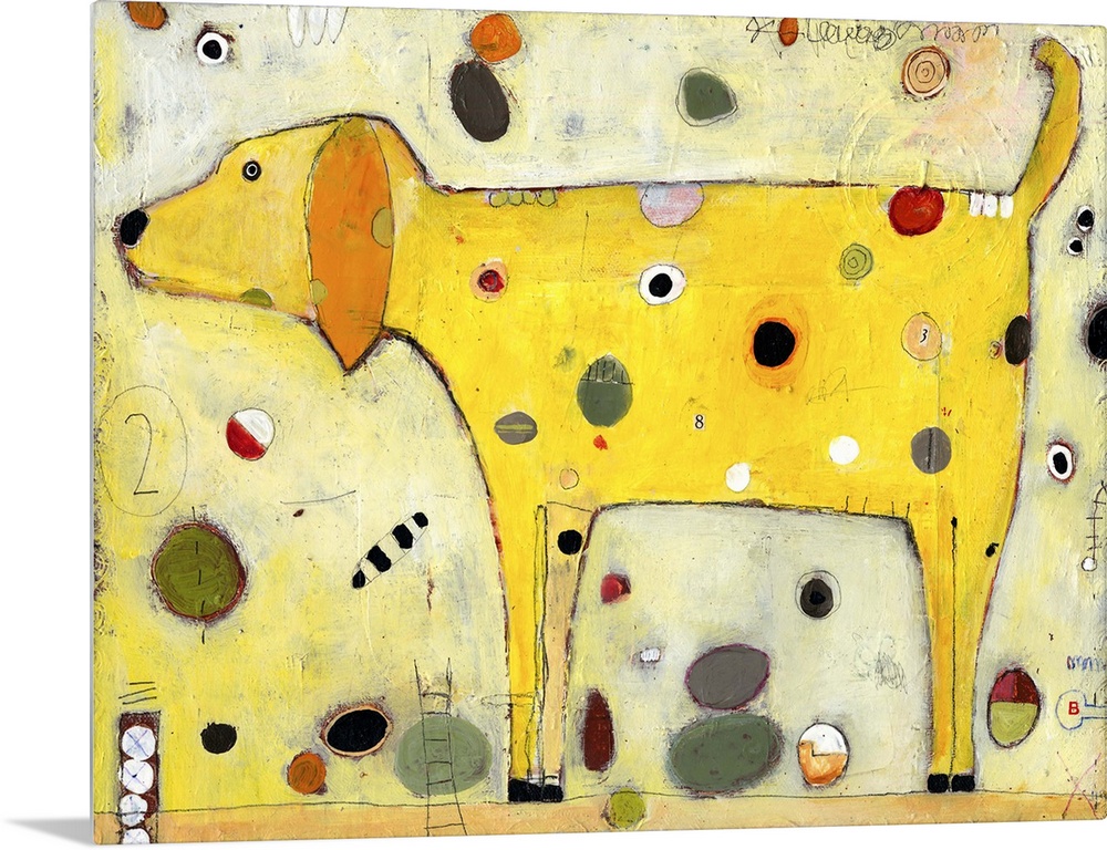 Lighthearted contemporary painting of yellow dog with spots.