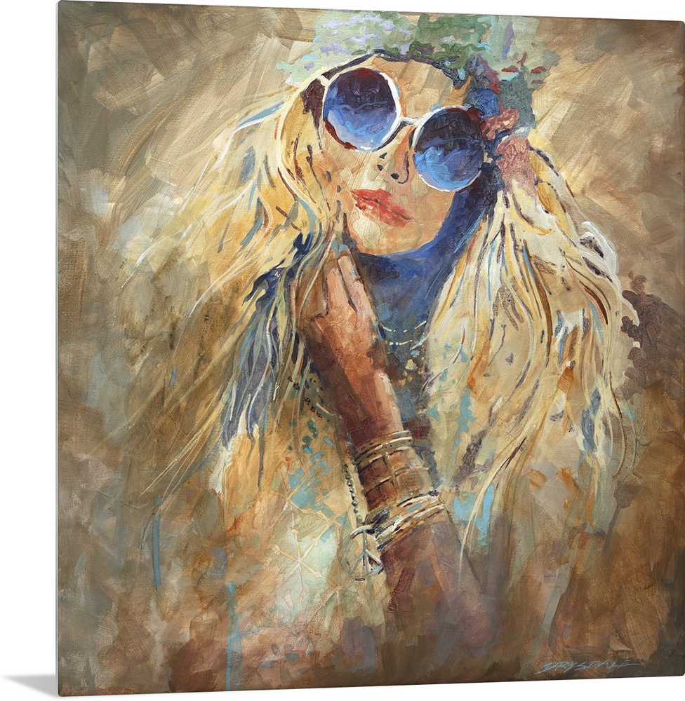 Contemporary painting of a woman in a hat and sunglasses with long blonde hair.