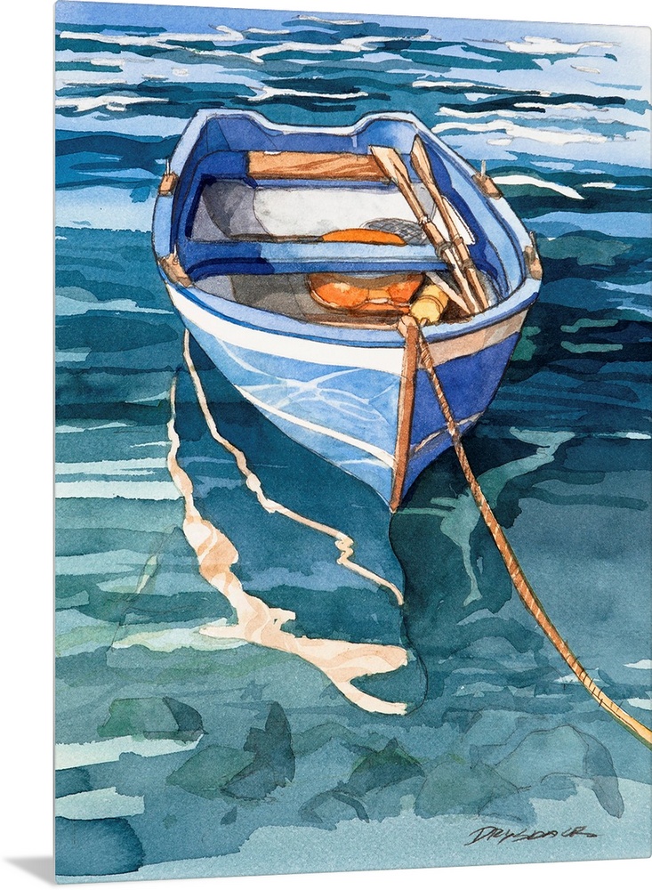Watercolor painting of a blue and white striped boat on the water in Italy