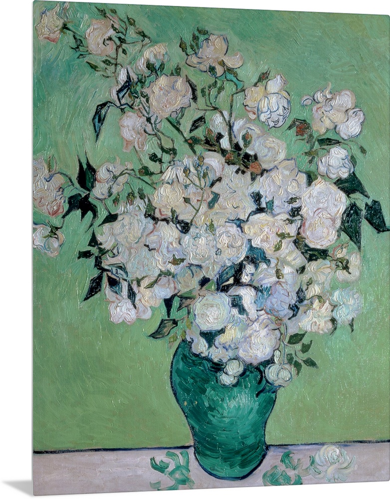 Painting on canvas of flowers in a vase with a few petals on the table it is sitting on.