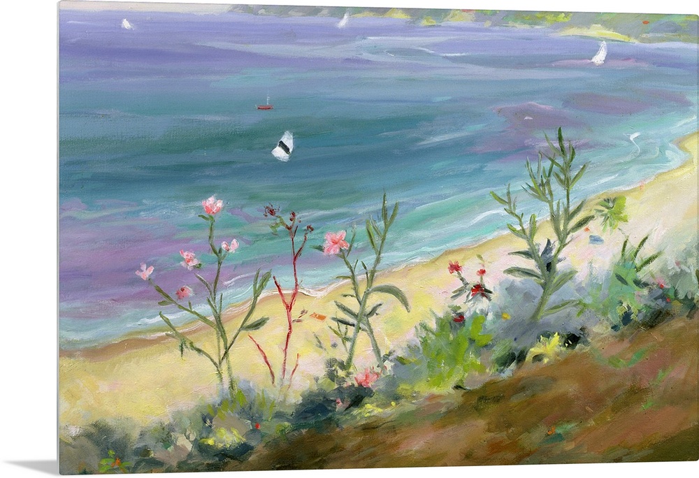 A landscape painting of wildflowers growing along the Grecian shore of a pastel colored sea.