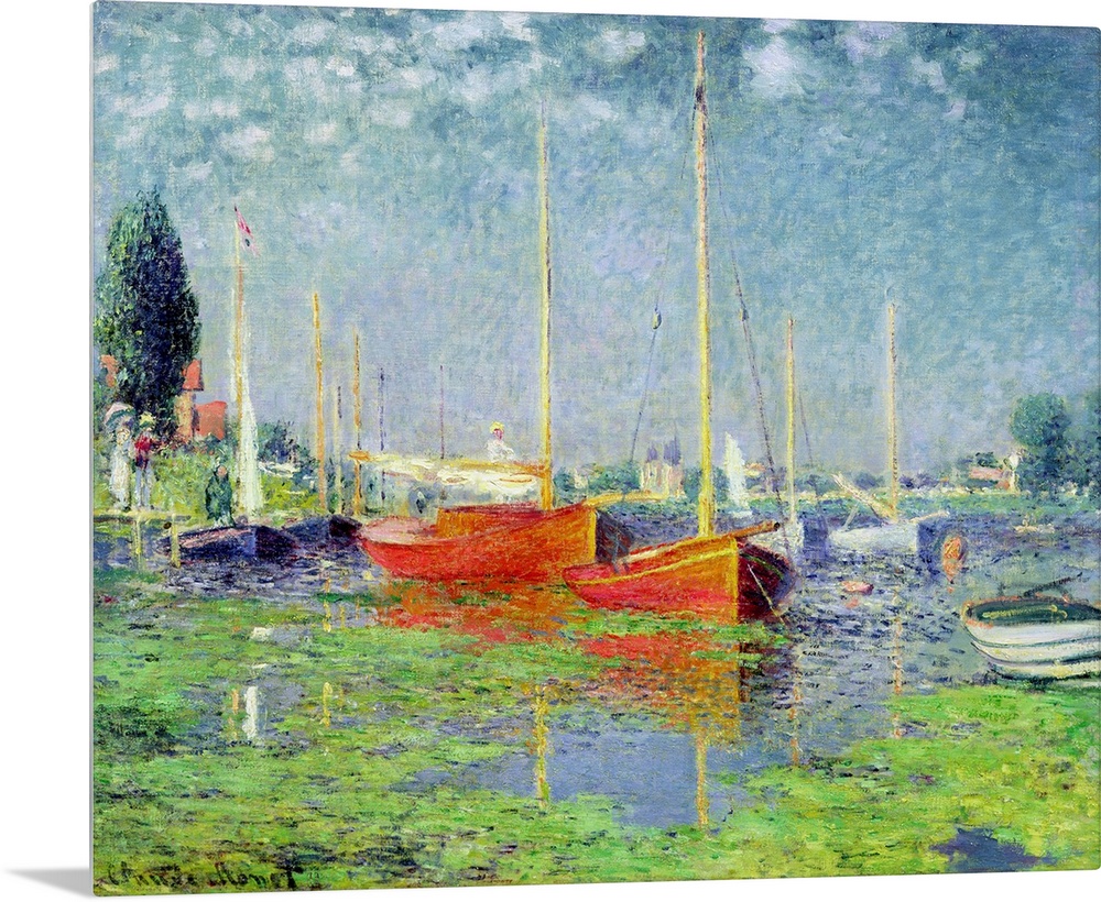Oversized, horizontal, classic painting of numerous boats floating in calm waters of blue and green, beneath a sky with sm...