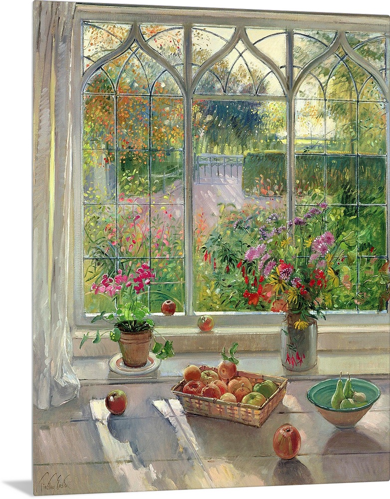 This large painting has fruit baskets and flower pots sitting on a window sill that looks out over a garden.