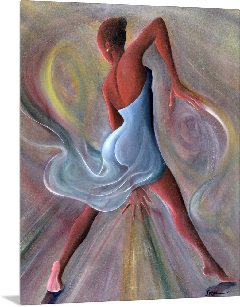 Giclee print of an oil painting of an African-American woman dancing and surrounded by swirls of color.