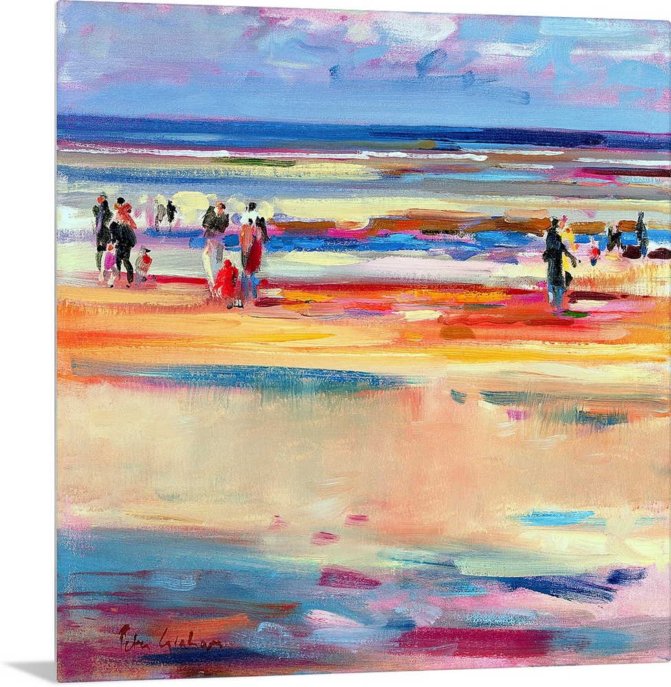 This contemporary abstract painting shows beach goers strolling up and down the shore of the seascape scene.