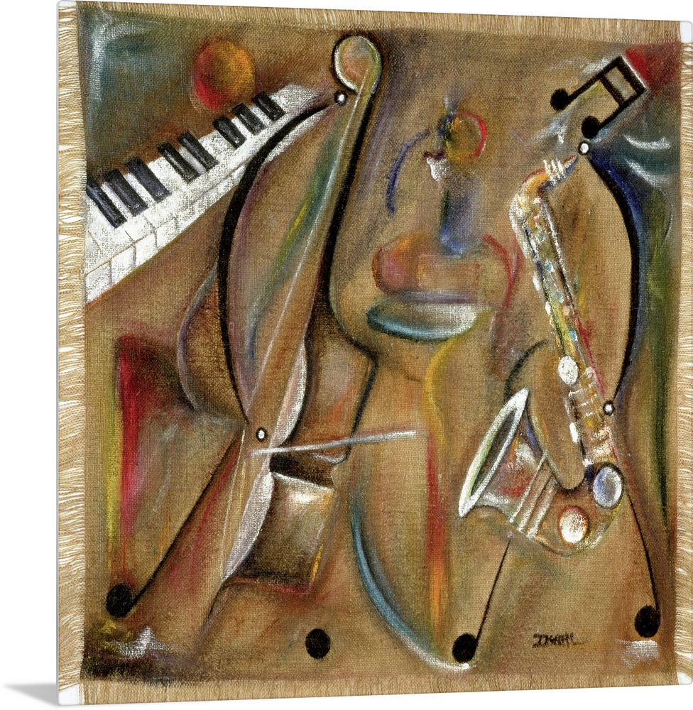 Contemporary painting of multicolored musical instruments with a burlap texture.