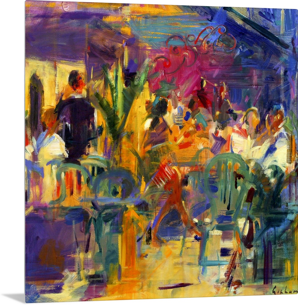 Colorful contemporary oil painting of busy eatery.