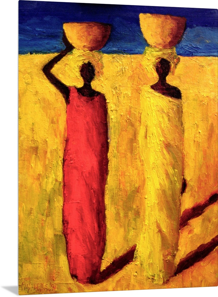 Contemporary oil painting of two African women walking while balancing bowls on their heads.