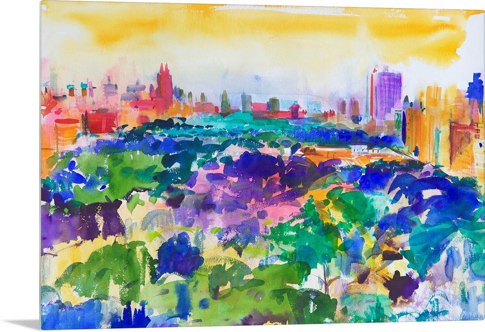 Contemporary abstract painting of Central Park with vibrant water colors.