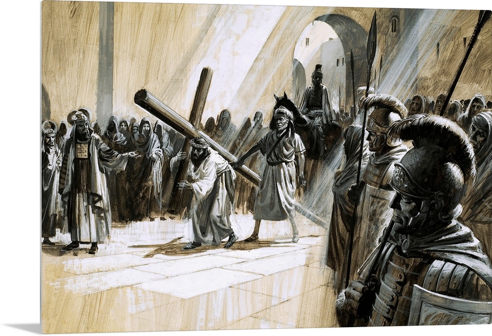 Classic artwork of Christ holding the cross as He is surrounded by soldiers.