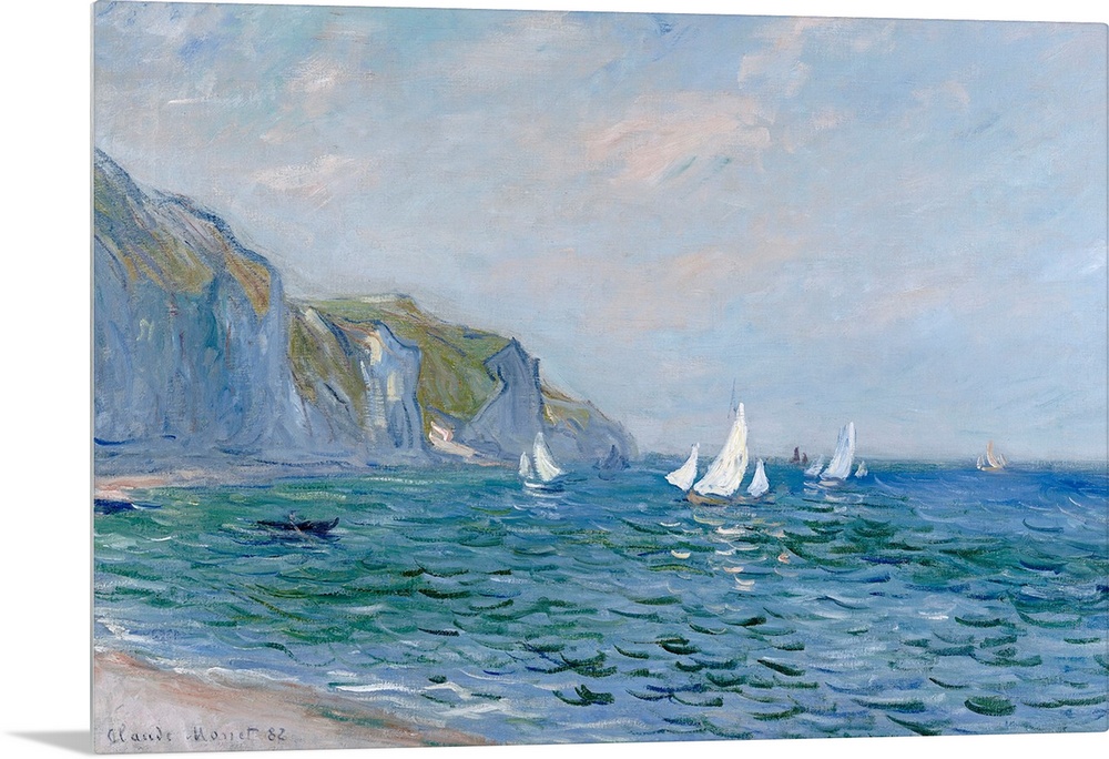 A landscape painting from a classic Impressionist master, this scene shows sail boats on the sea lined with steep cliffs.