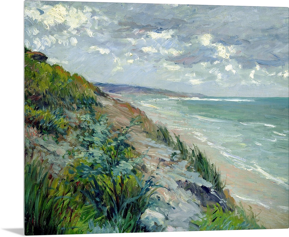 Impressionist landscape painting of the beach and a sea cliff covered in grass on a cloudy day.