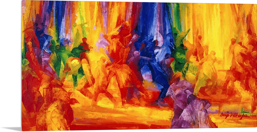 Large contemporary canvas art showing a number of dancers that are represented in a variety of vibrant and intense colors.
