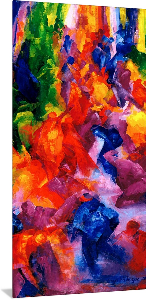 A vertical painting of people dancing at a nightclub as abstracted colors and shapes.