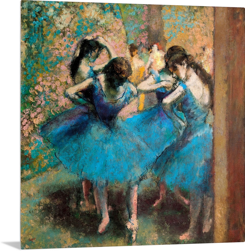 Edgar Degas' famous painting of four ballerinas practicing in the foreground with other figures visible in the mosaic back...