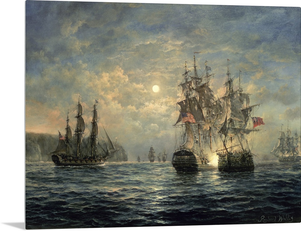 Large wooden ships sail in the rough ocean water under a cloud filled sky with the sun poking through.