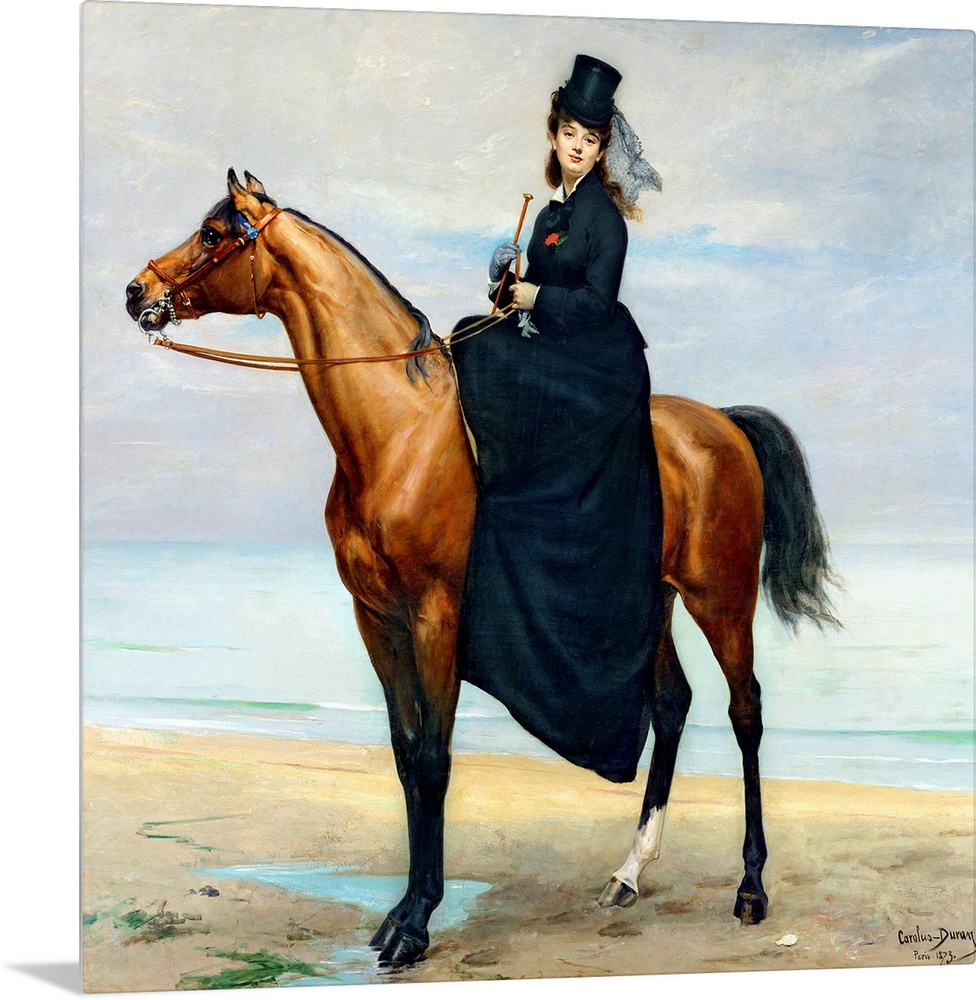 Large painting of a woman sitting on a horse along the ocean.
