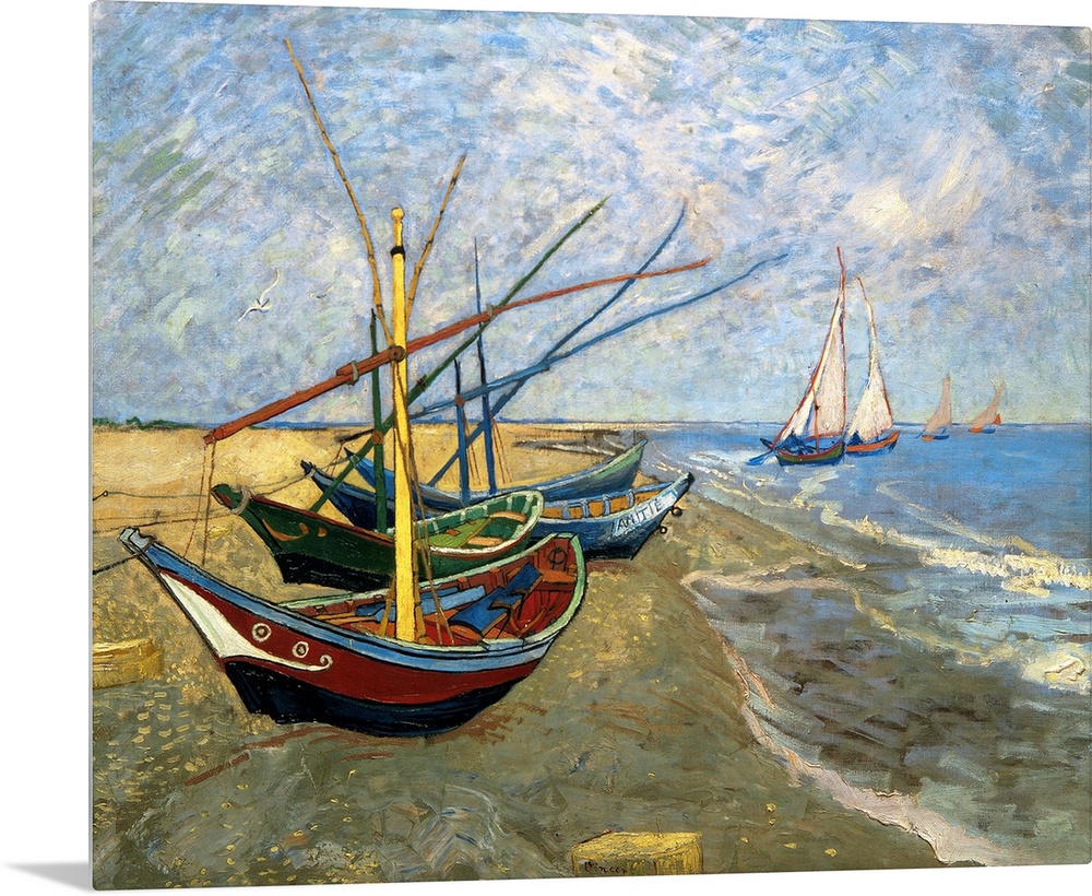 Classical painting of fishing vessels docked on sand with sailboats sailing just off the shore on a cloudy day.