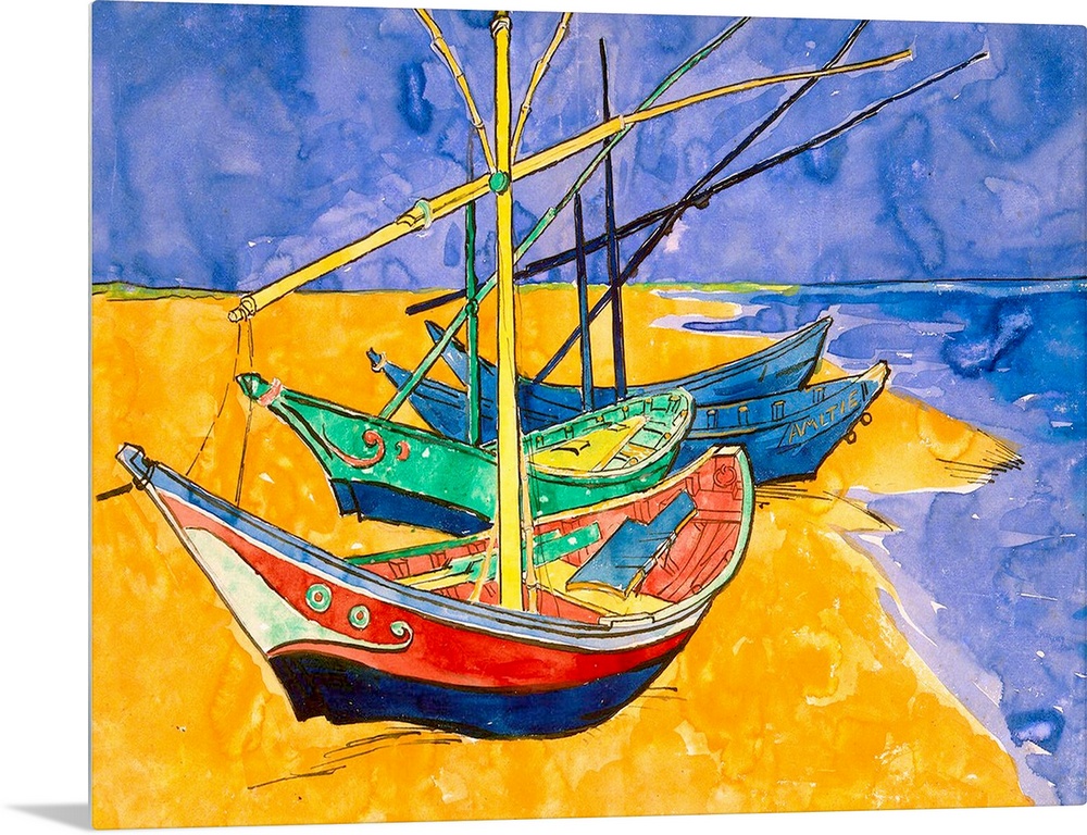 This Impressionist painting uses flat colors and line art show sail boats pulled up on the shore.