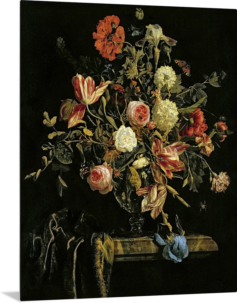 Flowers are painted growing out of a glass vase against a dark background. Some of the flowers are dying and drooping over...