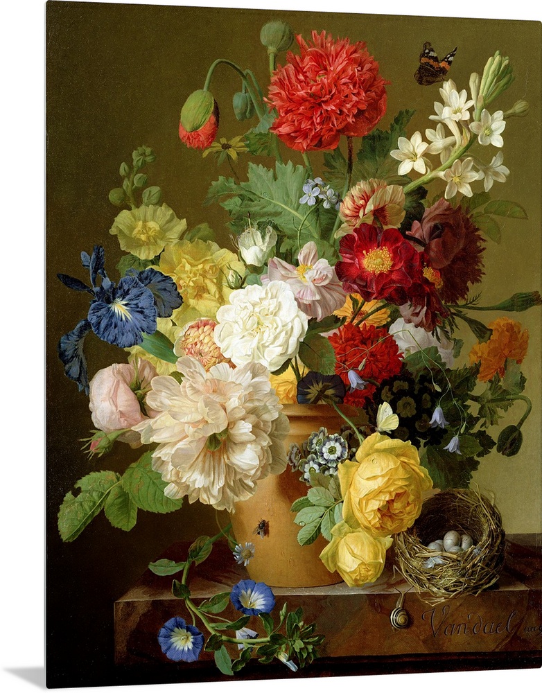 A nineteenth century still life painting of enormous floral blooms of many varieties, a birdos nest and butterfly.