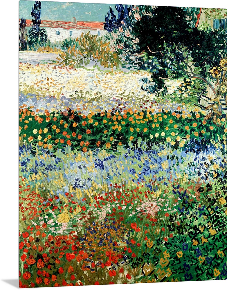 Huge classic art portrays a large plot of land filled with a diverse array of brightly colored flowers that extend towards...