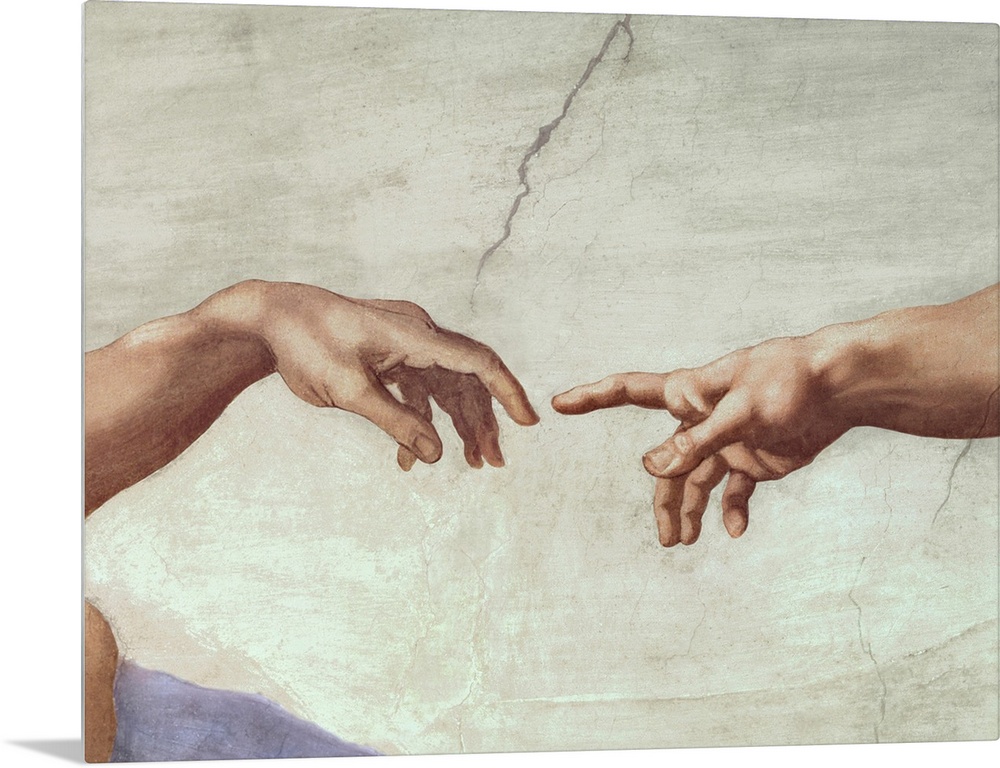 Classic painting of an outstretched arm reaching to touch a lifeless hand with its finger tip with a cracked stone backgro...