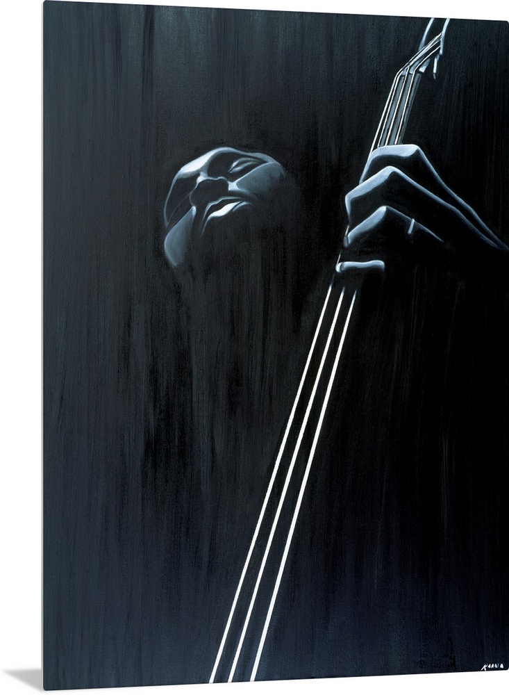 Big contemporary monochromatic art focuses on a close-up of a man playing the bass against a slightly rough background.