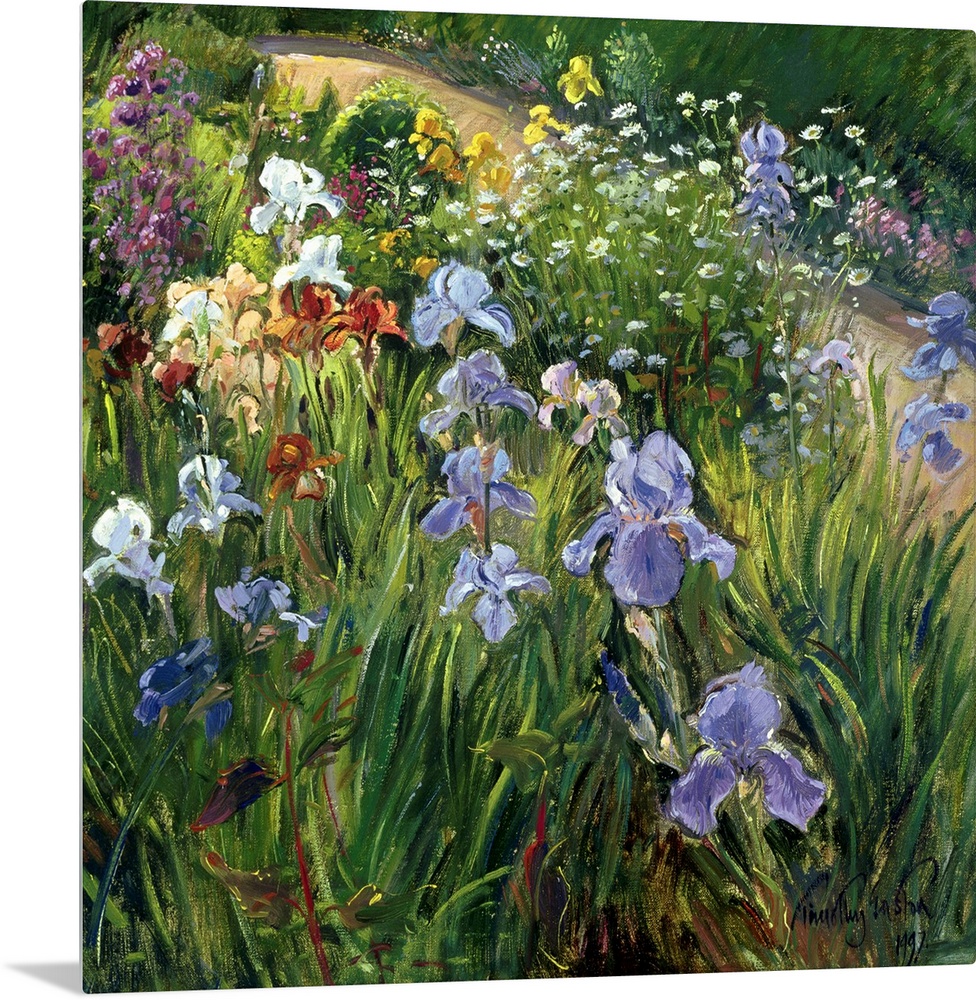 Large square floral art focuses on a variety of flowers at close range that includes irises and oxeye daisies against a ba...