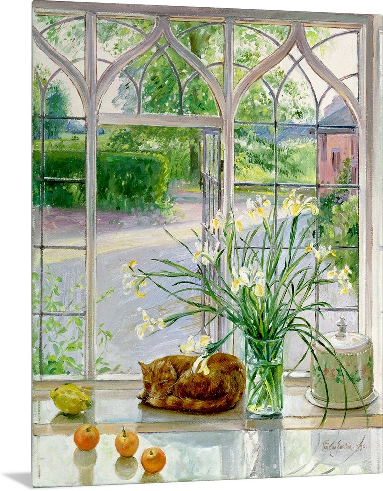 Contemporary artwork of a large vase of flowers that stands in front of a big window with a cat curled up beside it.