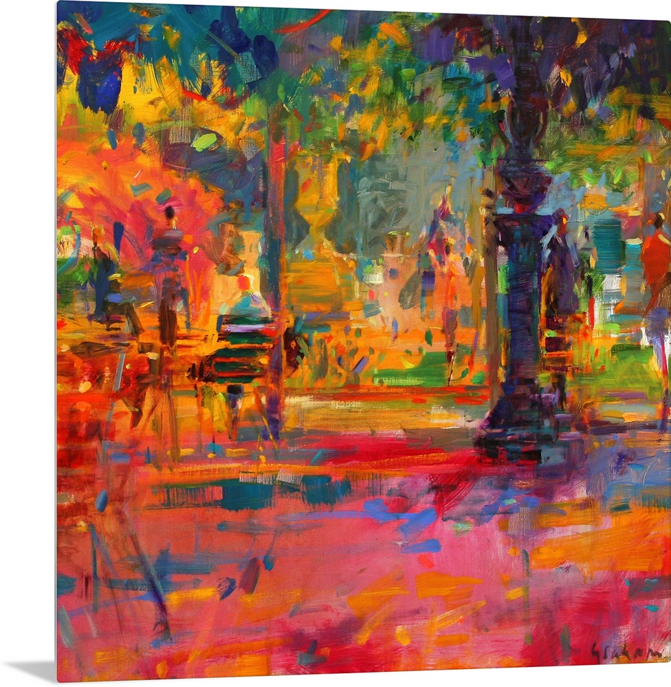 Large contemporary art shows people walking and sitting on benches within a park on a sunny day.  Artist uses short brush ...