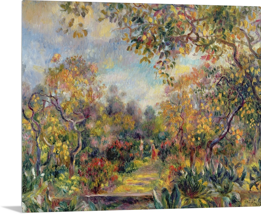 Oil painting of colorful forest on a sunny day.  There is a path grass covered path the leaves hanging overhead.