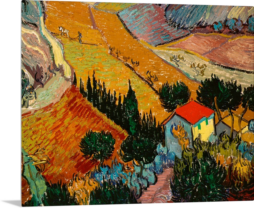 Big classic art depicts an aerial view of a man and horse plowing a field on a farm within a valley.  Surrounding the farm...