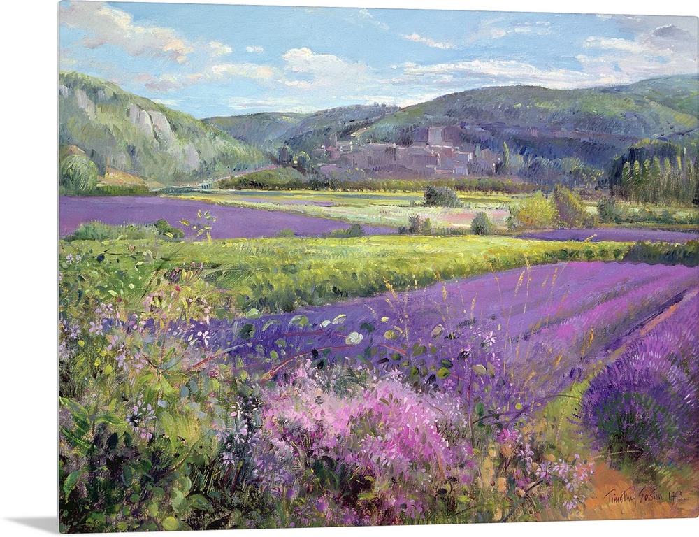 Big painting of fields of lavender with rolling hills in the background. Cooling tones are featured throughout the artwork.